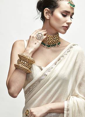 Cream georgette plain saree 2