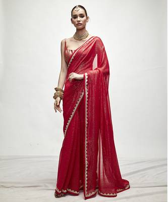 Red georgette plain saree 1