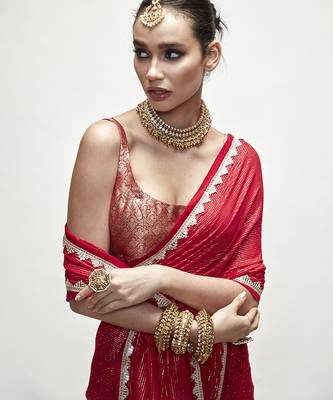 Red georgette plain saree 2