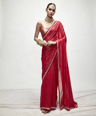 Red georgette plain saree 3