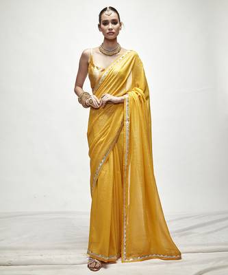 Yellow georgette plain saree 1
