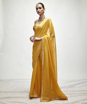 Yellow georgette plain saree 2
