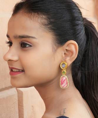 Elegant oval drop earrings with triple gemstone design 1