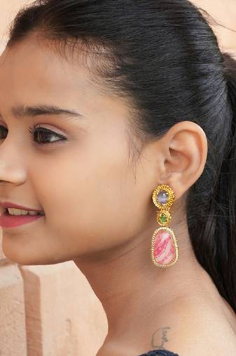 Elegant oval drop earrings with triple gemstone design