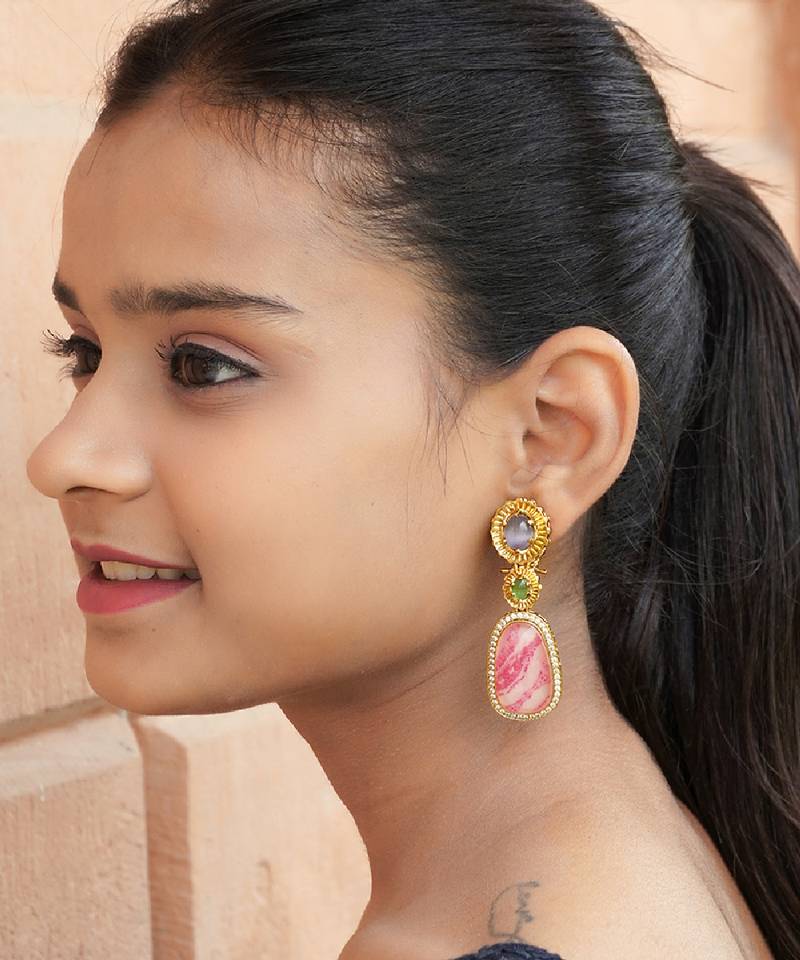 Elegant oval drop earrings with triple gemstone design