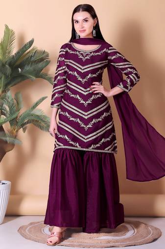 Wine Color Georgette Silk Readymade Kurta Sharara Dupatta Set 