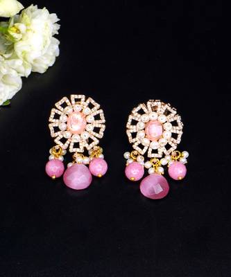 Elegant drop earrings with intricate stone and pearl detailing 4