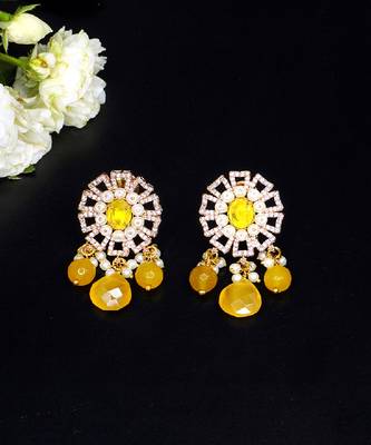 Elegant drop earrings with intricate stone and pearl detailing 3