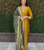 Musterd colour with hand work with roman silk stitch for women