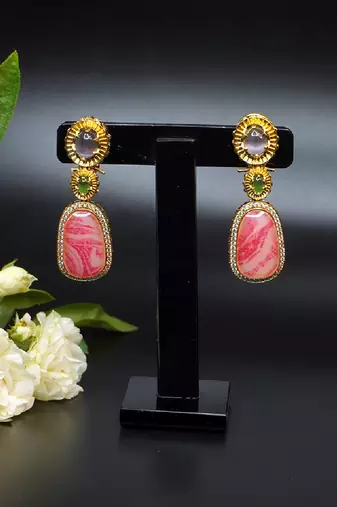 Elegant oval drop earrings with triple gemstone design