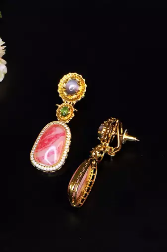 Elegant oval drop earrings with triple gemstone design