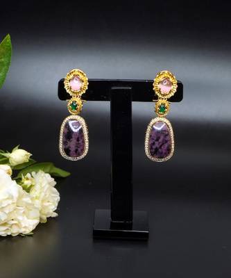 Elegant oval drop earrings with triple gemstone design 2