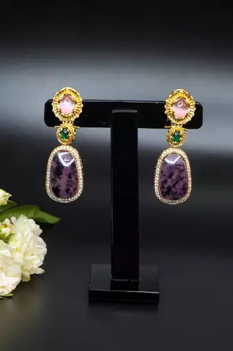 Elegant oval drop earrings with triple gemstone design