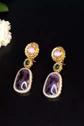 Elegant oval drop earrings with triple gemstone design