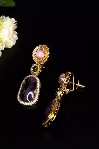 Elegant oval drop earrings with triple gemstone design