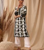 hand embroidered olive green rayon lucknowi chikankari straight kurta