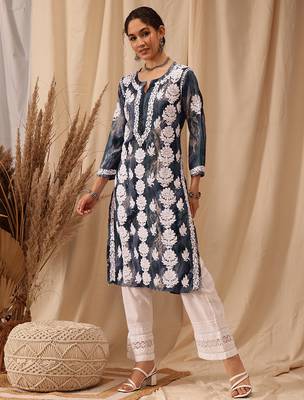 hand embroidered blue rayon lucknowi chikankari straight kurta 1