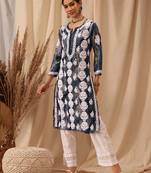 hand embroidered blue rayon lucknowi chikankari straight kurta