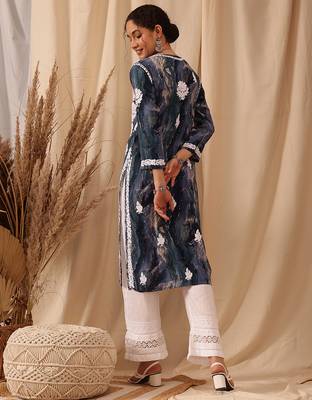 hand embroidered blue rayon lucknowi chikankari straight kurta 2
