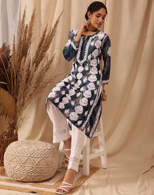 hand embroidered blue rayon lucknowi chikankari straight kurta 3
