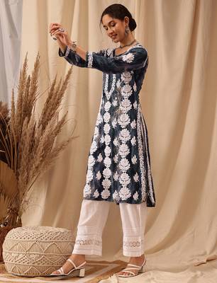 hand embroidered blue rayon lucknowi chikankari straight kurta 4