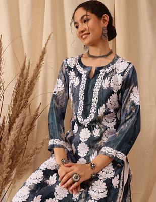 hand embroidered blue rayon lucknowi chikankari straight kurta 5