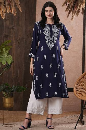 Hand embroidered navy blue rayon lucknowi chikankari straight kurta