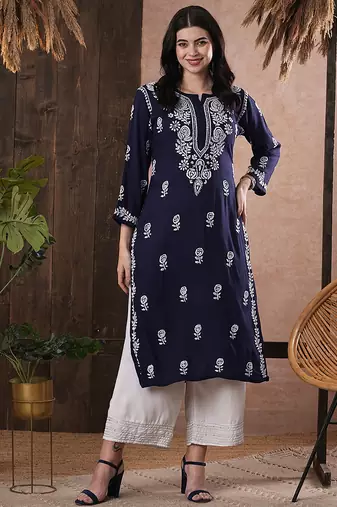 Hand embroidered navy blue rayon lucknowi chikankari straight kurta