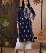 Hand embroidered navy blue rayon lucknowi chikankari straight kurta