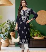 Hand embroidered navy blue rayon lucknowi chikankari straight kurta
