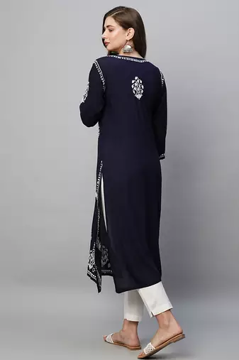 Hand embroidered navy blue rayon lucknowi chikankari straight kurta