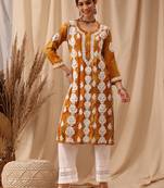 hand embroidered mustard rayon lucknowi chikankari straight kurta