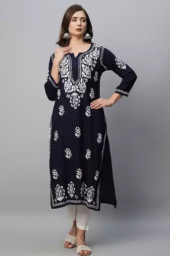 Hand embroidered navy blue rayon lucknowi chikankari straight kurta