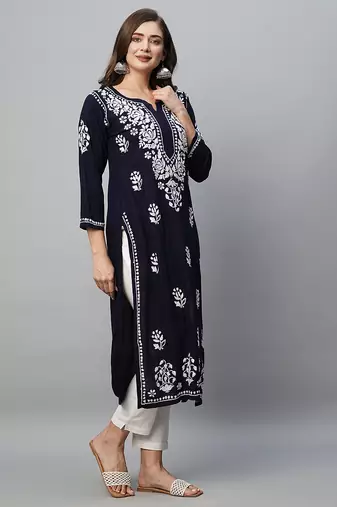 Hand embroidered navy blue rayon lucknowi chikankari straight kurta