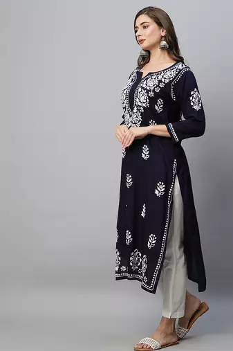 Hand embroidered navy blue rayon lucknowi chikankari straight kurta