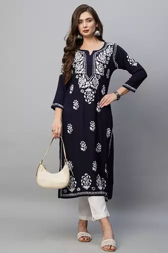 Hand embroidered navy blue rayon lucknowi chikankari straight kurta