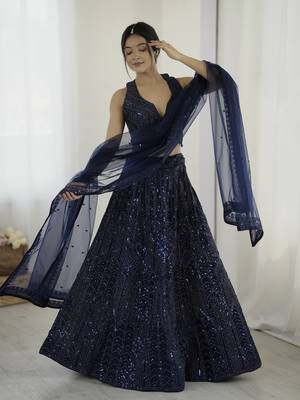 Glamorous Navy-Blue Sequins and Dori Embroidered Net fabric indian designer wedding and party wear lehenga dress 1