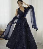 Glamorous Navy-Blue Sequins and Dori Embroidered Net fabric indian designer wedding and party wear lehenga dress