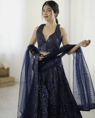 Glamorous Navy-Blue Sequins and Dori Embroidered Net fabric indian designer wedding and party wear lehenga dress 3
