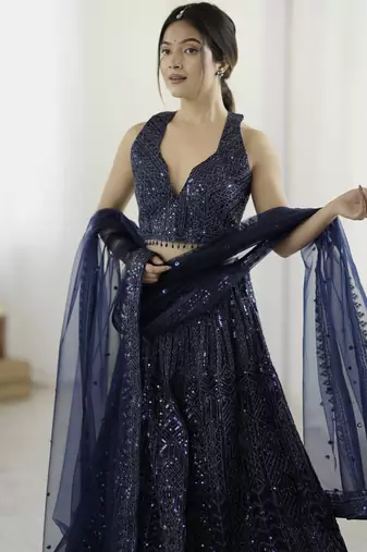 Glamorous Navy-Blue Sequins and Dori Embroidered Net fabric indian designer wedding and party wear lehenga dress