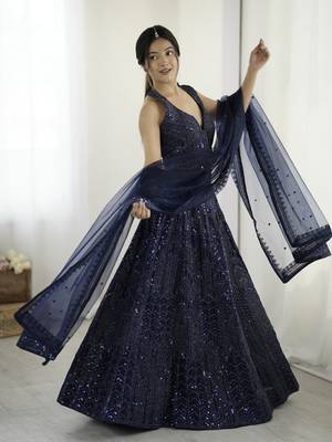 Glamorous Navy-Blue Sequins and Dori Embroidered Net fabric indian designer wedding and party wear lehenga dress 4