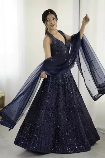 Glamorous Navy-Blue Sequins and Dori Embroidered Net fabric indian designer wedding and party wear lehenga dress