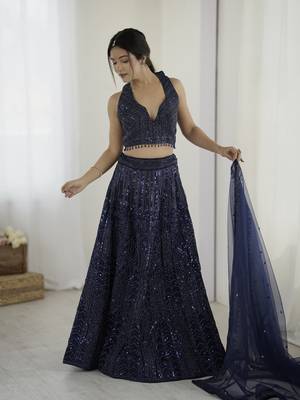 Glamorous Navy-Blue Sequins and Dori Embroidered Net fabric indian designer wedding and party wear lehenga dress 5