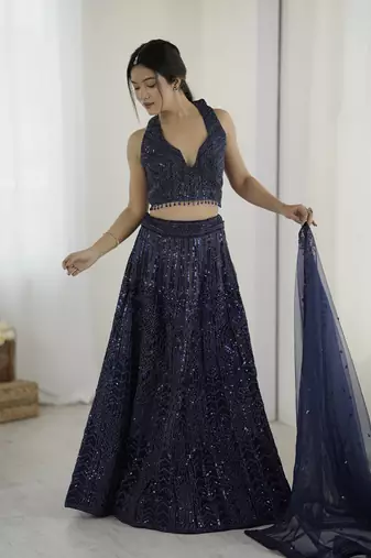 Glamorous Navy-Blue Sequins and Dori Embroidered Net fabric indian designer wedding and party wear lehenga dress