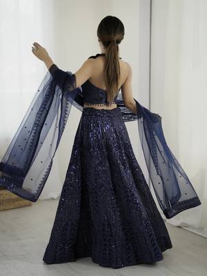 Glamorous Navy-Blue Sequins and Dori Embroidered Net fabric indian designer wedding and party wear lehenga dress 6