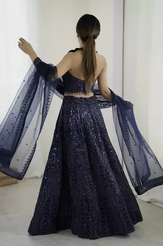 Glamorous Navy-Blue Sequins and Dori Embroidered Net fabric indian designer wedding and party wear lehenga dress