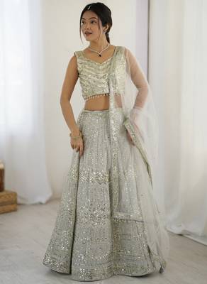 Attractive Grey Sequins and Dori Embroidered Georgette indian designer wedding and party wear lehenga dress 1