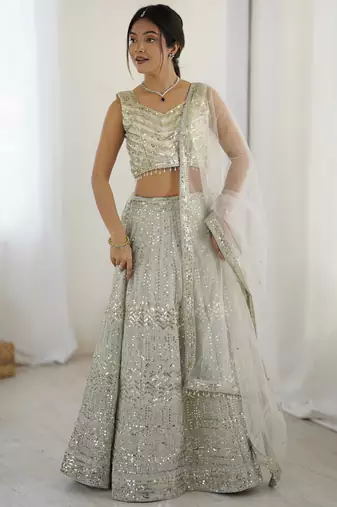 Attractive Grey Sequins and Dori Embroidered Georgette indian designer wedding and party wear lehenga dress