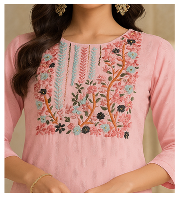 Cotton self weaving kurti with wool embroidery 3