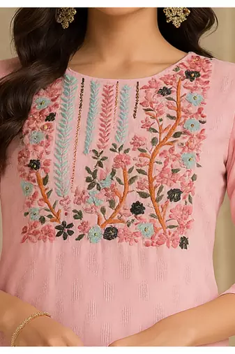 Cotton self weaving kurti with wool embroidery
